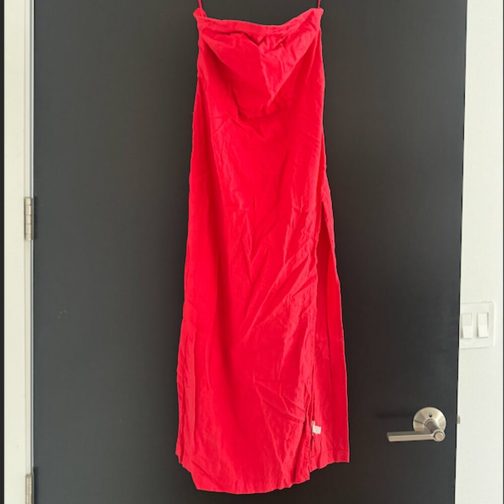 Bright Red/Orange Urban Outfitters Strapless Midi Dress with slit - Picture 5 of 8